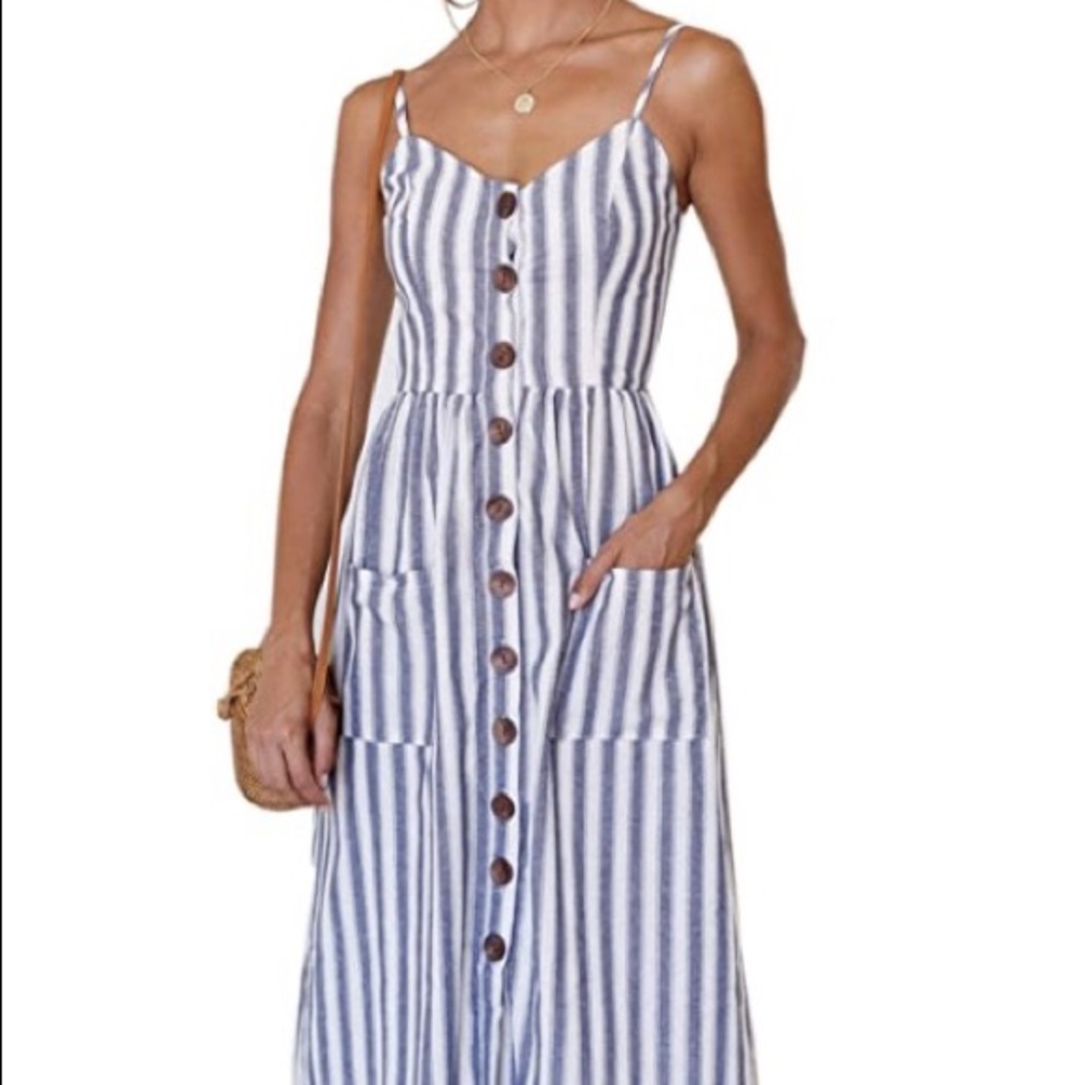 Long white and blue striped dress with pockets